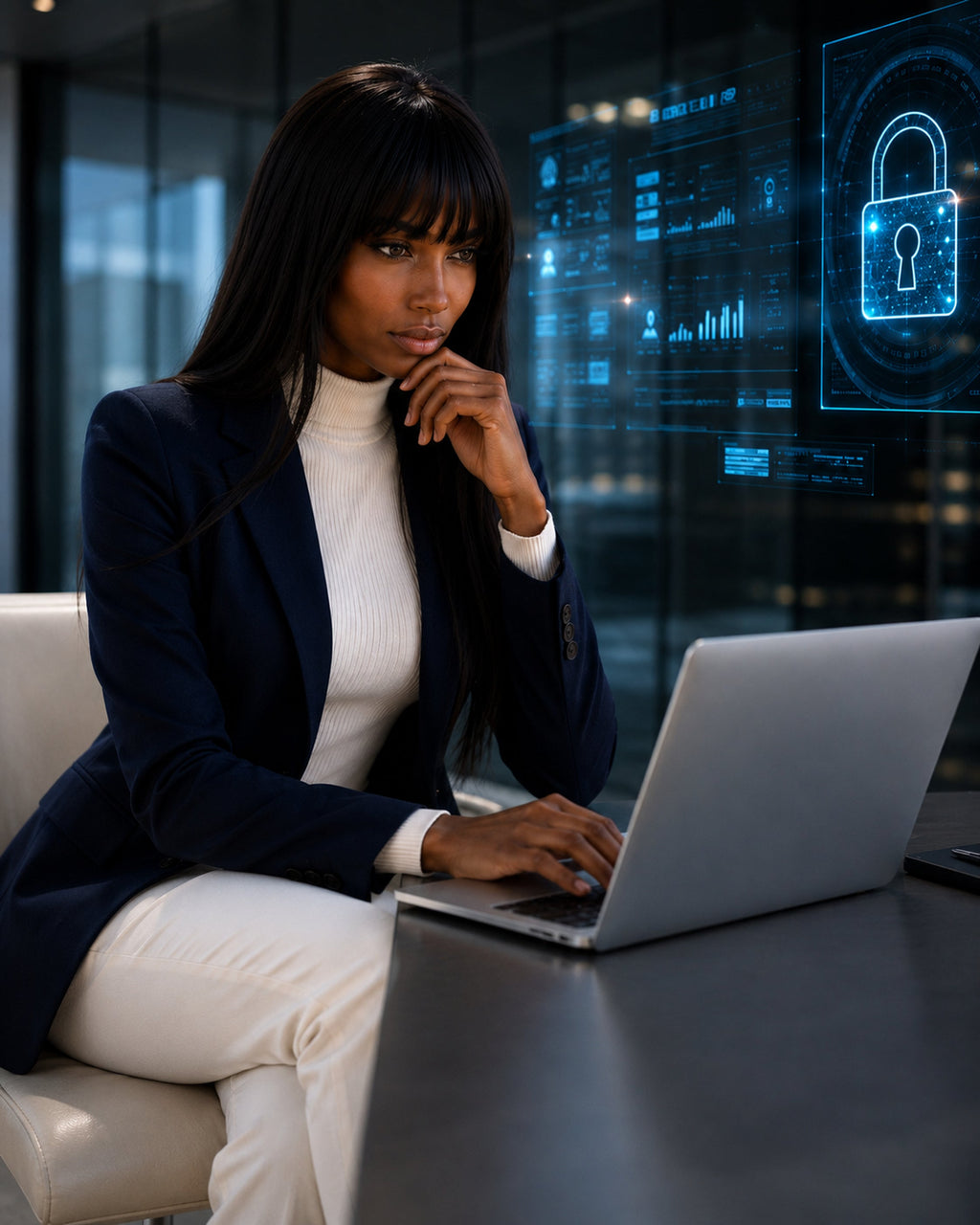 Naomi Bellini en escena corporativa de ciberseguridad con americana azul